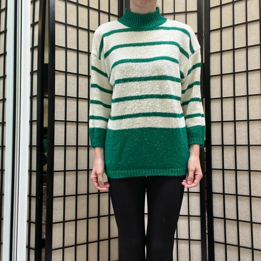 Emerald Green and White Striped Sweater Vintage 90s‎ Oversized